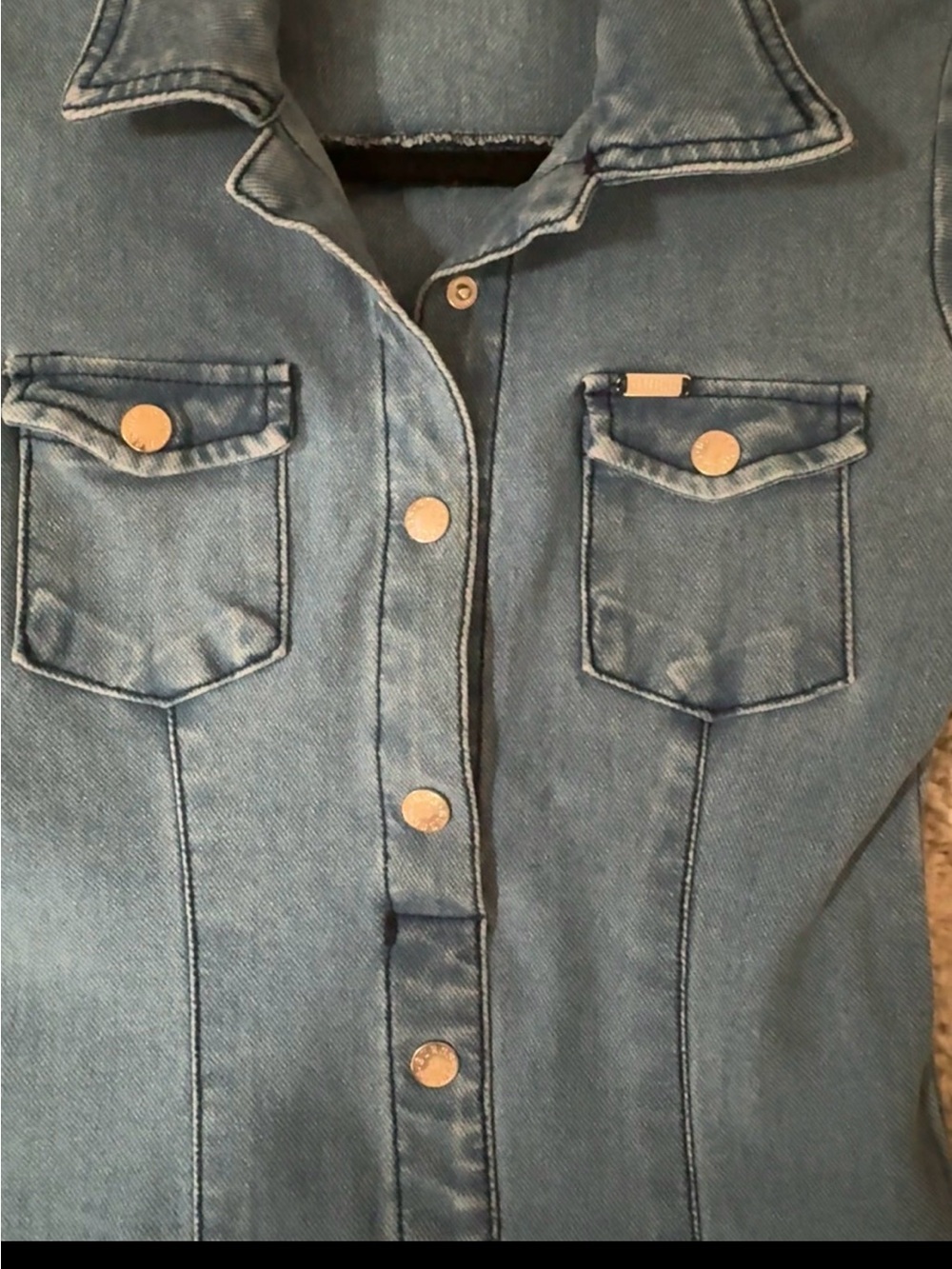 Guess Blue Denim Button-Front Mini Dress w/ stretch. - Picture 4 of 6